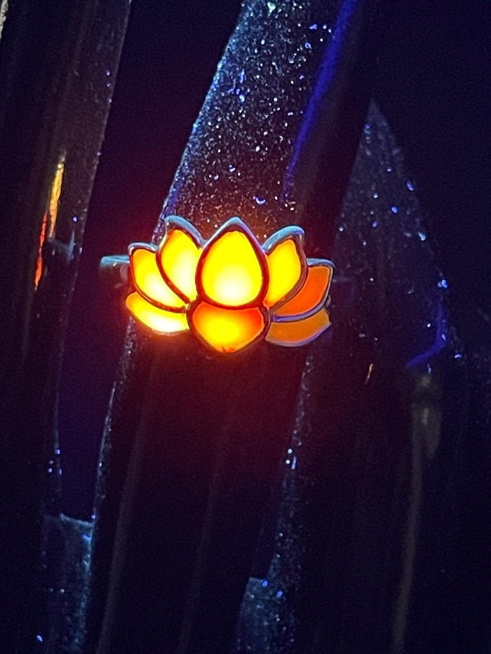 Glowing Orange Fire Ring | Flower Metal Frame | Glow in the Dark | Adjustable Jewelry