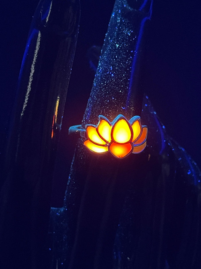 Glowing Orange Fire Ring | Flower Metal Frame | Glow in the Dark | Adjustable Jewelry
