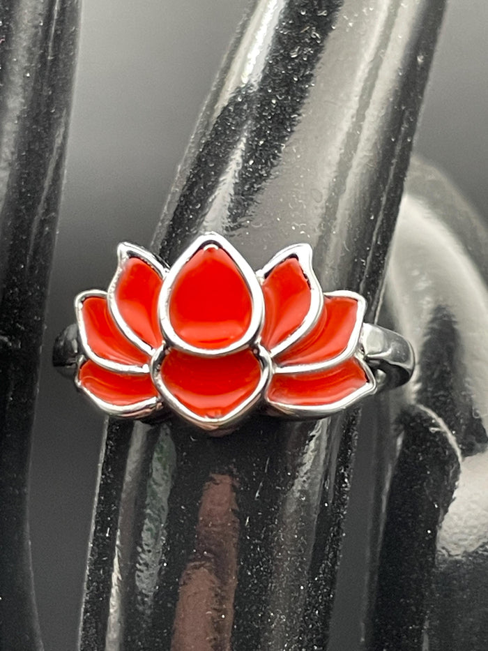 Glowing Orange Fire Ring | Flower Metal Frame | Glow in the Dark | Adjustable Jewelry