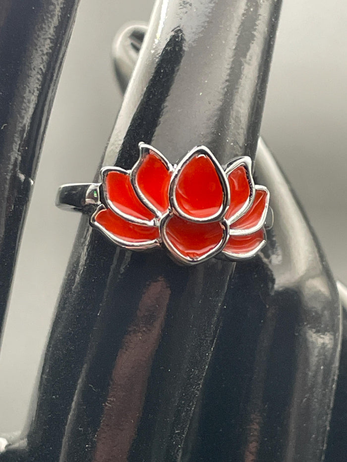 Glowing Orange Fire Ring | Flower Metal Frame | Glow in the Dark | Adjustable Jewelry