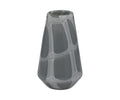 The Gothic Grid Vase, in a striking Grey/Multi color, features a tall, angular form with glossy hand-finished glass and bold white wavy grid-like patterns running vertically and horizontally across its modern surface.
