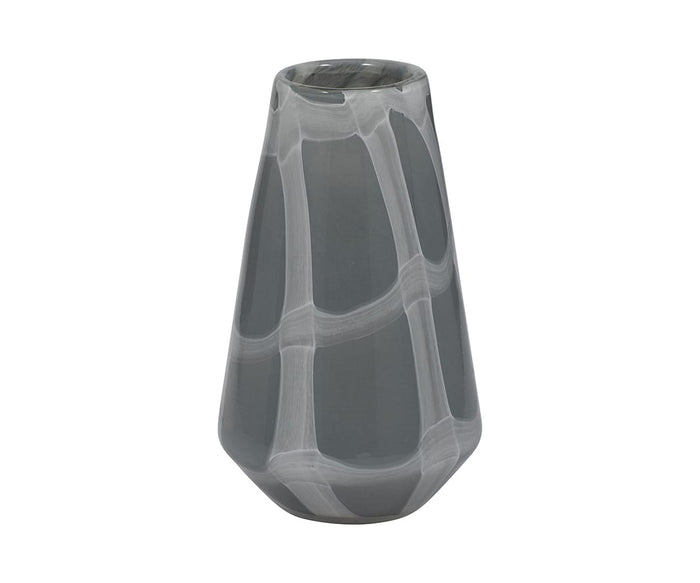 The Gothic Grid Vase, in a striking Grey/Multi color, features a tall, angular form with glossy hand-finished glass and bold white wavy grid-like patterns running vertically and horizontally across its modern surface.