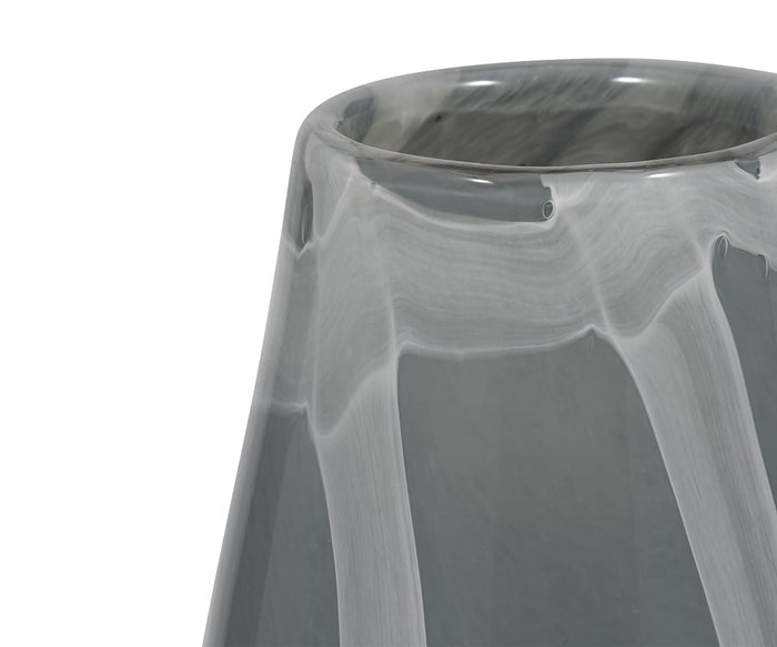 Close-up of the upper part of the Gothic Grid Vase, featuring a smooth, glossy finish and distinctive gray and white marbled patterns with abstract flowing details.