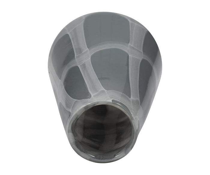 A top-down view of the Gothic Grid Vase reveals a gray ceramic surface with a glossy finish and abstract white lines forming an intricate pattern around its exterior, echoing the contemporary style of the collection.