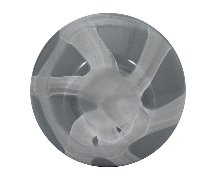 A round, gray ceramic plate with white brushstroke patterns radiating from the center, creating an abstract, artistic design—perfectly complementing the Gothic Grid Vase for a striking table setting.