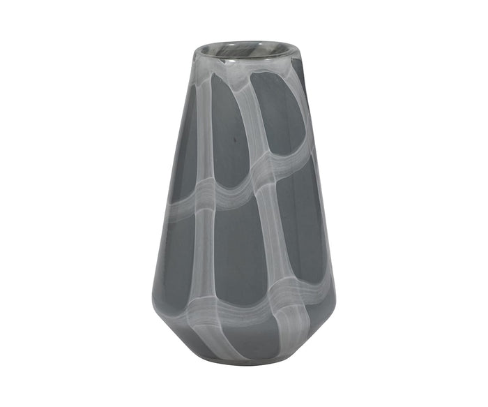 The Gothic Grid Vase is a modern gray ceramic vase with a geometric silhouette, accented by white wavy lines that form an eye-catching patterned design on its surface.