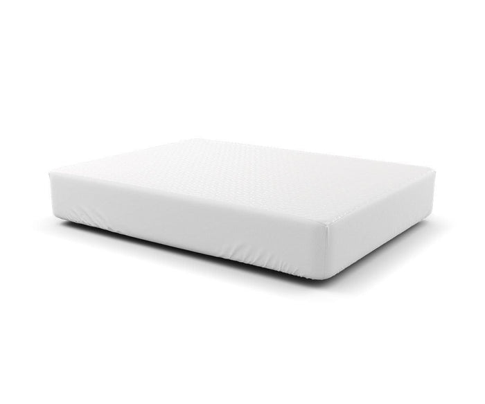 A plain white rectangular mattress with a smooth surface, displayed against a white background, is perfectly complemented by the Hälsa Sleep™ Ultra Mattress Protector in white for enhanced comfort and protection.