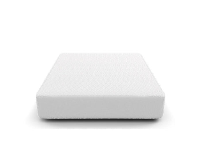 A plain white mattress with a subtle textured pattern, shown from a front angle against a white background, serves as the ideal base for the Hälsa Sleep™ Ultra Mattress Protector, which blends comfort and durability seamlessly.
