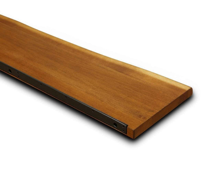 A close-up of the Hasse 35″ Shelf, showcasing a single rustic wood shelf with a smooth finish and rounded edges, featuring a metal bracket along one side for mounting.