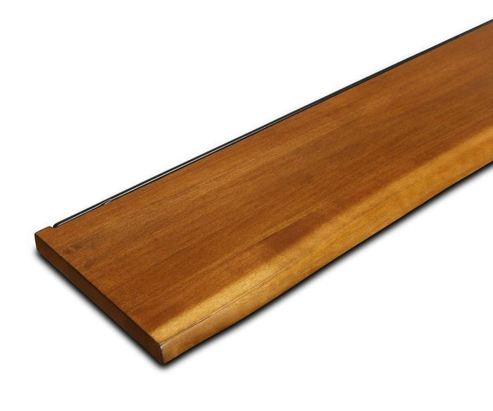 A rectangular Hasse 71″ Shelf crafted from polished wood features a smooth, slightly curved edge and a thin, dark groove along the top. The warm brown finish enhances its natural, rustic charm.