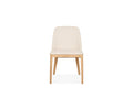 A front-facing view of the Hendrick Dining Chair - White Oak, showcasing its white oak frame with light wood legs and a beige cushioned seat and backrest, isolated on a white background.