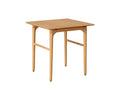 The Hendrick End Table in White Oak is a square, light wood mid-century piece crafted from solid white oak with slender legs and elegant brass caps, set against a plain white background.