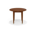 The Hendrick Round End Table, finished in Timber Brown and crafted from American poplar wood, features three tapered legs each accented with a small brass cap at the bottom. The table is showcased against a plain white background.