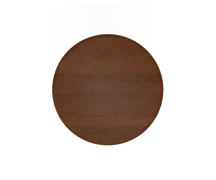 A top-down view of the Hendrick Round End Table reveals its smooth, dark brown American poplar wood surface, set against a plain white background. The design is elevated by subtle brass leg caps that add a touch of elegance.
