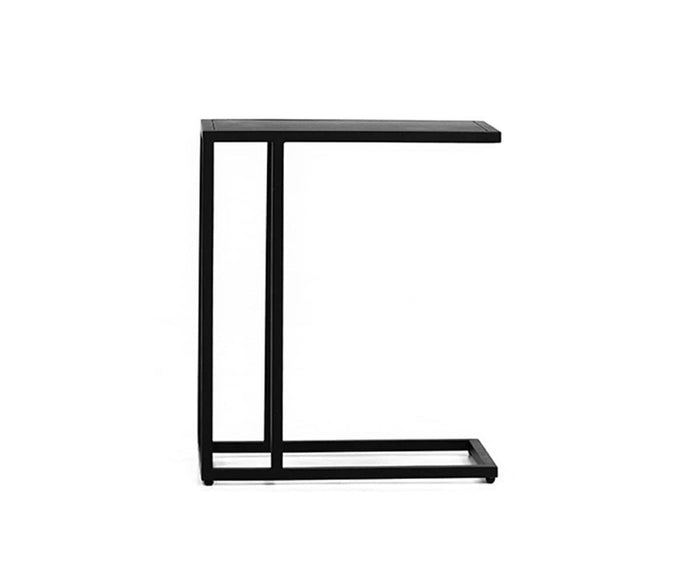 The Heroy C-table, shown in black with a modern C-shape design against a plain white background, features clean lines and an open frame structure. Its minimalist style makes it the perfect addition to any industrial decor.