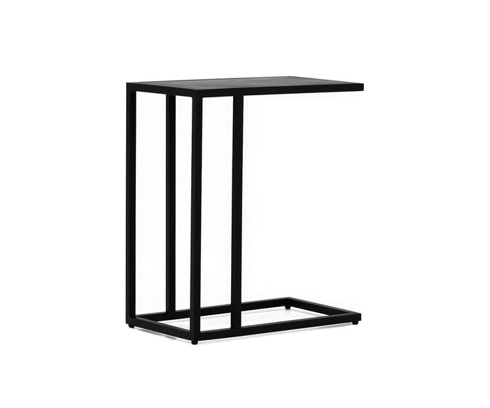 Minimalist and modern, the Heroy C-table features a sleek black metal frame with a rectangular top and open design, crafted to slide conveniently under sofas or chairs. Ideal for industrial interiors, this matte black side table creates a striking contrast against any plain white background.