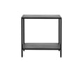 The Heroy End Table features a minimalist black metal design with a rectangular top and an open lower shelf. Its clean lines and matte black finish make it the ideal accent piece for industrial-inspired spaces, especially when paired with white backgrounds.