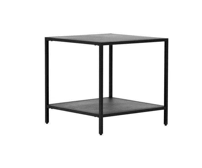 Heroy End Table showcasing a matte black finish, designed with a flat top and a lower shelf supported by four straight legs. This open-frame, modern piece perfectly complements industrial décor and is displayed against a simple white background.