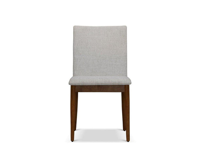 The Holfred Dining Chair, shown from the front against a white background, is a Scandi-inspired wooden chair in Timber Brown with a light gray upholstered seat and backrest.