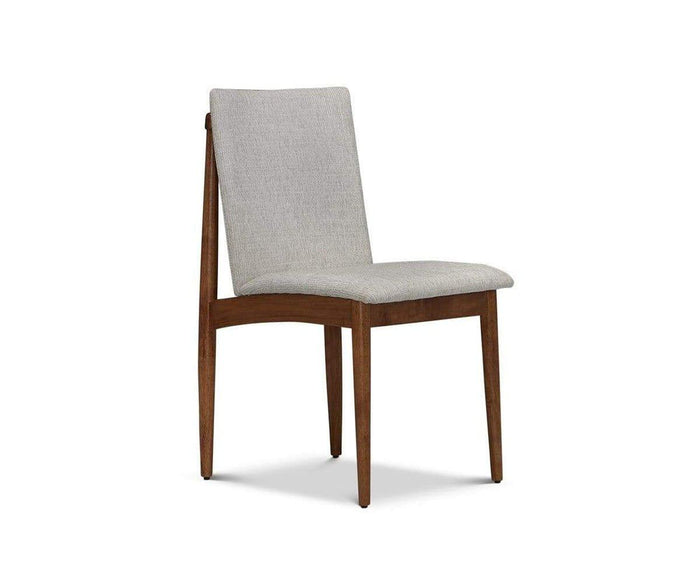 The Holfred Dining Chair showcases a modern, Scandinavian-inspired design with a light gray upholstered seat and backrest, complemented by angled walnut wood legs and frame. It is displayed against a plain white background.