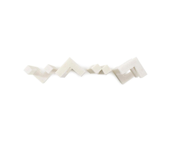 Five geometric, off-white Home Sculpture pieces arranged in a row on a white background, each featuring abstract, angular forms reminiscent of minimalist sculptures—perfect as contemporary shape accents for modern decor.