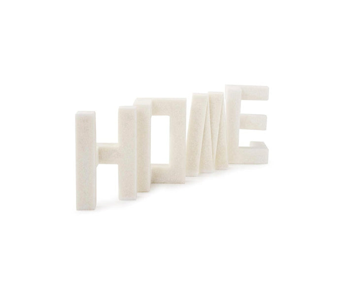 The Home Sculpture features bold, white 3D letters that spell “HOME” in a modern block style, standing upright in a staggered formation against a plain white background. With its contemporary shape, this sculpture makes an ideal accent for modern decor.
