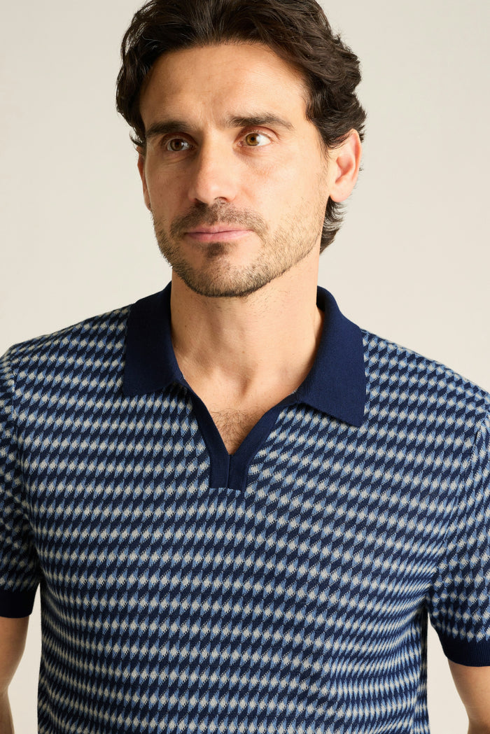 Hudson Sweater Polo - navy blue cotton geo jacquard