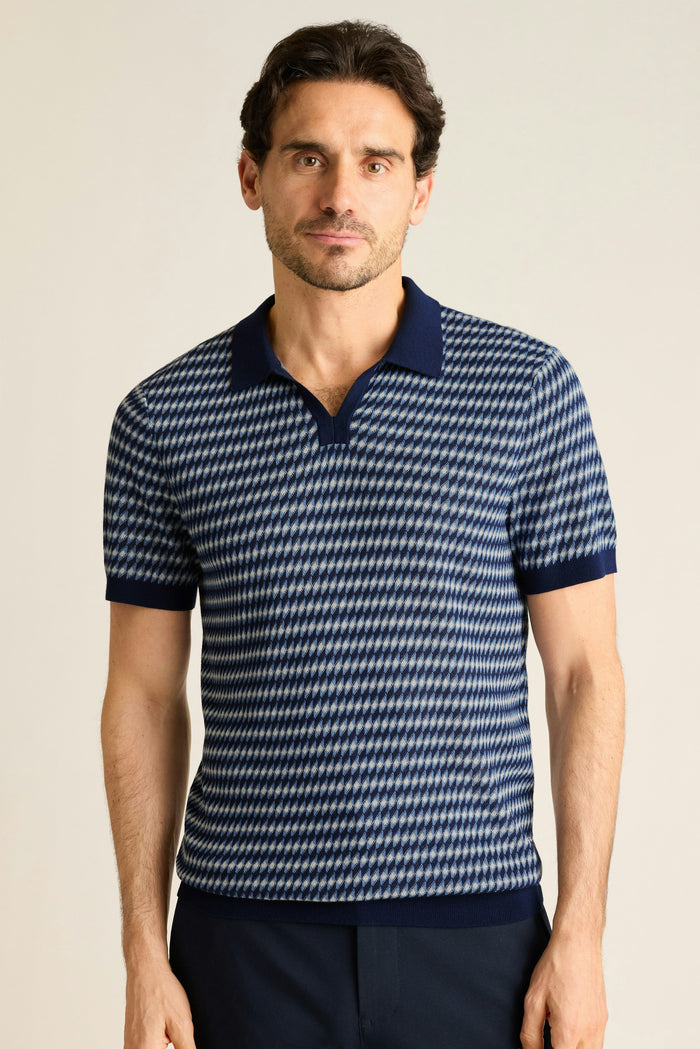 Hudson Sweater Polo - navy blue cotton geo jacquard