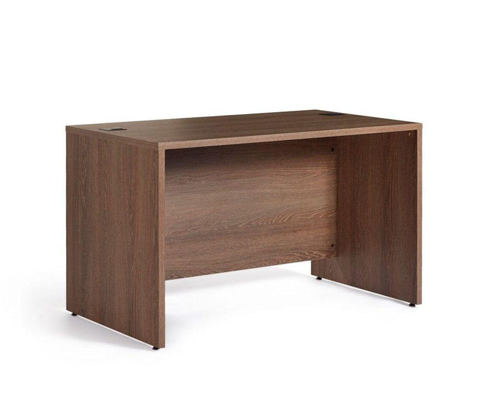 The Inari 47″ Desk is a simple rectangular wooden desk featuring a modesty panel, flat top surface, and dark brown finish. Showcased against a plain white background, it exemplifies modern desk design and makes an ideal addition to any office furniture collection.
