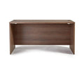 The Inari 63″ Desk in Cool Brown features a rectangular wooden design with a solid back panel, two cable management holes on the desktop, and a dark wood grain finish, blending modern desk functionality with timeless style.