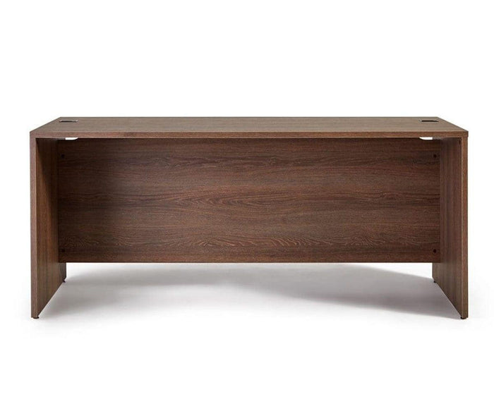 The Inari 71″ Desk is a large, rectangular office desk with a smooth surface and a modesty panel, shown from the front. Featuring a cool brown finish, this wooden desk showcases a simple, modern design.