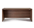 The Inari 71″ Desk is a large, rectangular office desk with a smooth surface and a modesty panel, shown from the front. Featuring a cool brown finish, this wooden desk showcases a simple, modern design.