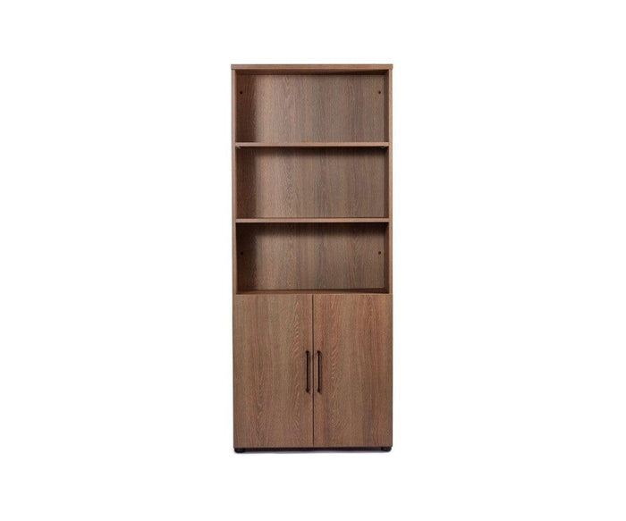 Cool Brown Inari High Bookcase + Door Set, featuring three open adjustable shelves above and a two-door cabinet with handles below—perfect for office storage—displayed against a plain white background.