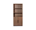 Cool Brown Inari High Bookcase + Door Set, featuring three open adjustable shelves above and a two-door cabinet with handles below—perfect for office storage—displayed against a plain white background.