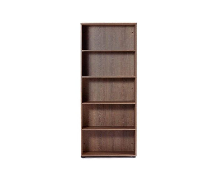 The Inari High Bookcase, shown in cool brown with five empty shelves and a tall, rectangular silhouette, is pictured from the front against a plain white background—this modern bookshelf delivers stylish office storage for any space.