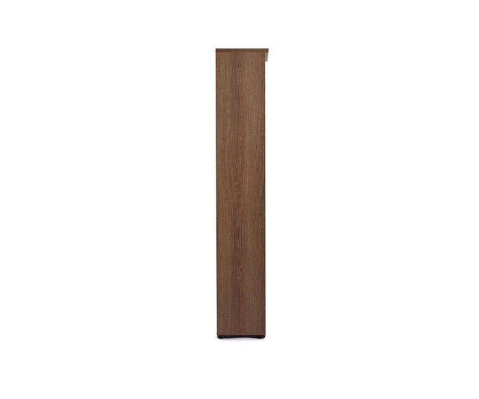 The Inari High Bookcase, a tall and narrow shelving unit featuring a rich brown wood grain finish, stands upright against a white background—perfect for office storage or as an elegant component in a modern bookshelf arrangement.
