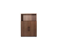 A cool brown Inari Low Bookcase + Door Set, ideal for modern office storage or contemporary decor, features two doors on the lower half and an open shelf on top. The bookcase is shown against a plain white background.
