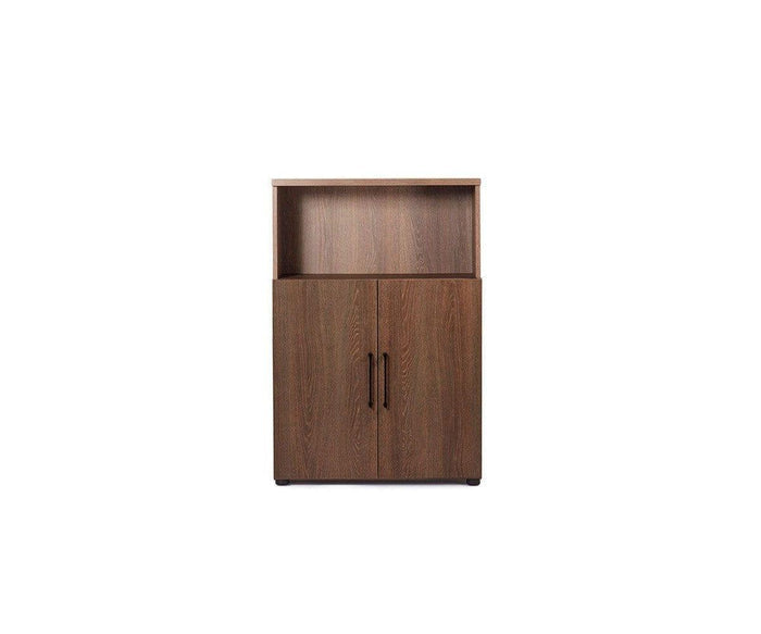 A cool brown Inari Low Bookcase + Door Set, ideal for modern office storage or contemporary decor, features two doors on the lower half and an open shelf on top. The bookcase is shown against a plain white background.