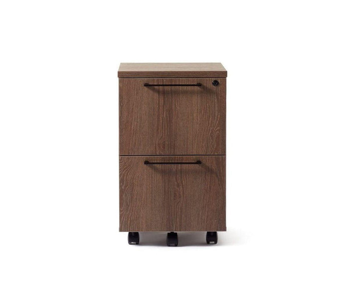The Inari Mobile File Pedestal, in a cool brown finish, features two drawers with black handles, a lock on the top drawer, and black wheels for practical office organization, displayed against a white background.