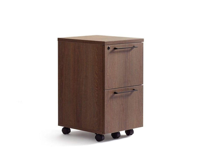 The Inari Mobile File Pedestal, a brown wooden unit with two drawers, black handles, and four black caster wheels, is shown against a plain white background and is ideal for office organization.