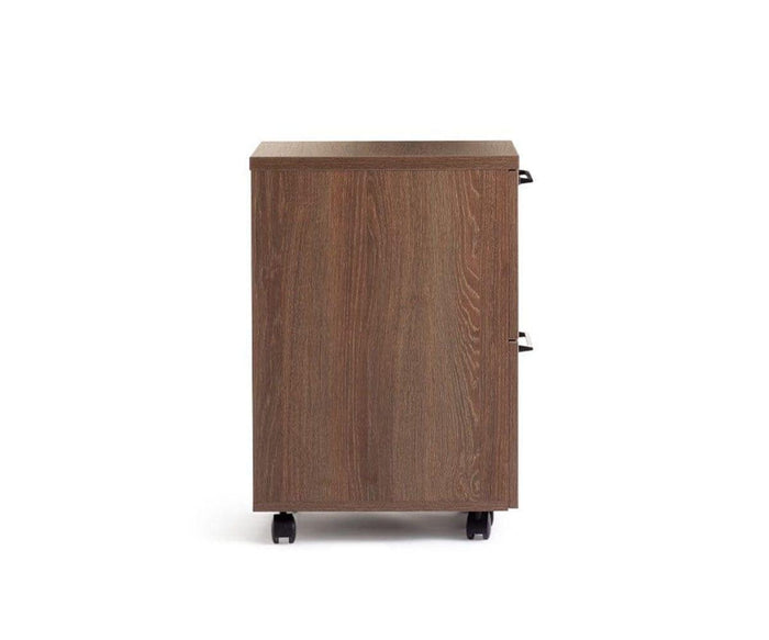 The Inari Mobile File Pedestal is a brown wooden storage unit featuring two drawers and four black wheels, designed for office organization, photographed against a white background.
