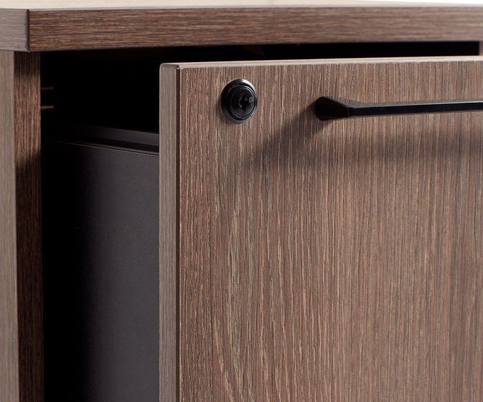 A close-up of the Inari Mobile File Pedestal’s wooden cabinet door, slightly open to reveal a black item inside. The door showcases a black round knob and a horizontal black handle, exemplifying thoughtful office organization.