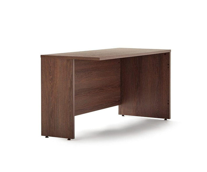 A simple, rectangular Inari Reversible Return desk with a dark brown wooden finish and a modesty panel at the back, perfect for enhancing any office workspace, photographed against a plain white background.