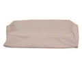 A cream-colored, rectangular Iona Outdoor Sofa Cover is draped over a sofa, with visible folds and creases in the fabric. Designed for all-season use, this water-resistant cover ensures both durability and style when protecting your outdoor furniture.