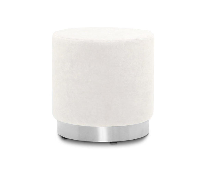 Ivory Isla Ottoman with smooth velvet upholstery and a striking brass base, set against a plain white background.