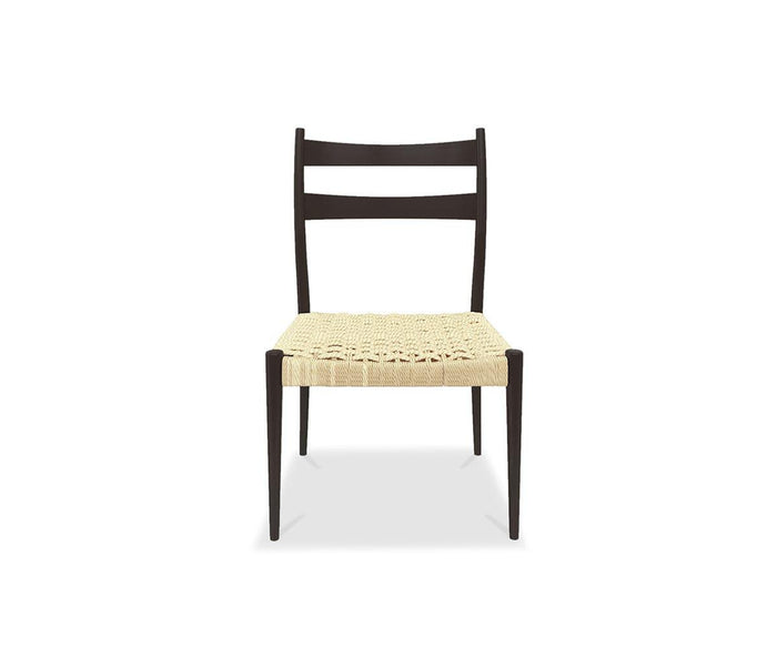 Front view of the Jake Dining Chair in Black/Rope, featuring a modern rustic design with a dark frame, two horizontal slats on the backrest in the classic ladder back style, and a light-colored woven rope seat, set against a plain white background.