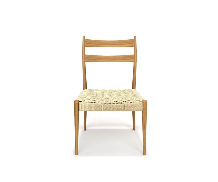 The Jake Dining Chair, shown in Oak/Rope, features a simple wooden frame with two horizontal slats on the backrest in a classic ladder back style and a woven rope seat, displayed from the front against a white background.