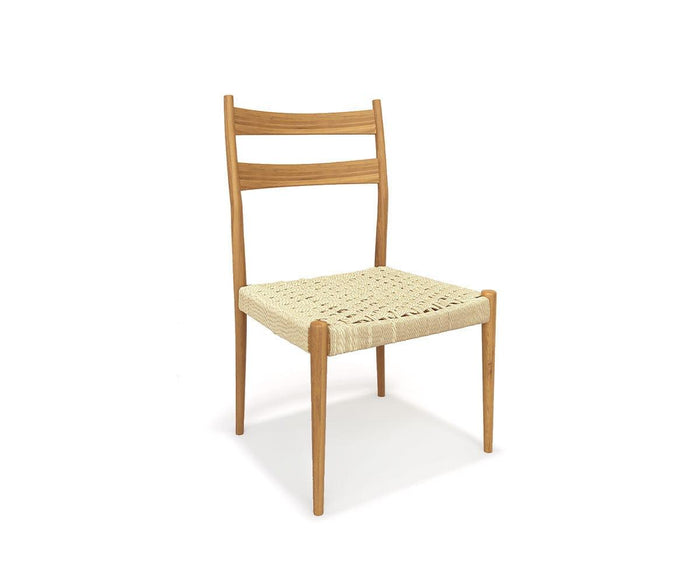 The Jake Dining Chair features a wooden ladder back with two horizontal slats, a woven rope seat, and four straight legs. Showcasing a natural finish and simple, minimalist design, this modern rustic dining chair blends style and comfort for any dining space.