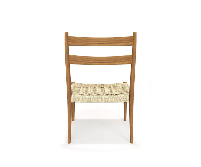 Front view of the Jake Dining Chair, featuring two horizontal back slats in a ladder-back style and a woven rope seat. This chair’s simple, minimalist design with four slim legs makes it an ideal modern rustic dining chair.