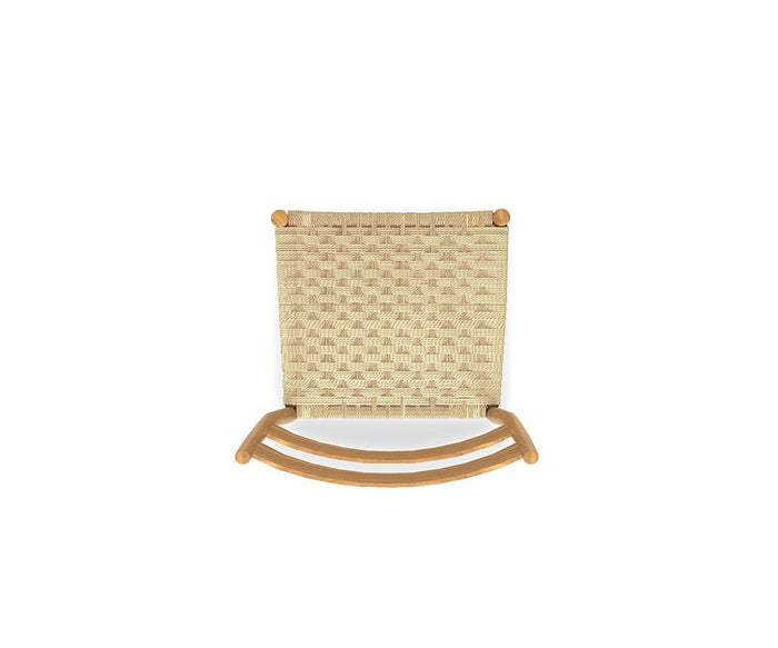 Top view of the Jake Dining Chair, featuring a beige woven rope seat, wooden frame, and curved rockers that bring modern rustic charm, pictured on a white background.